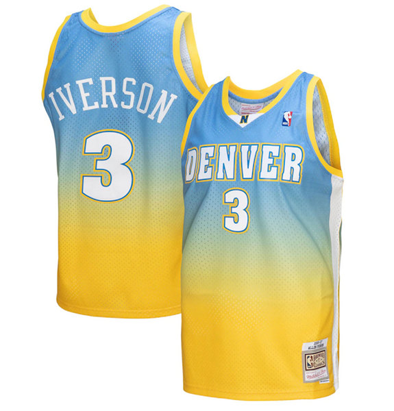 Men's Denver Nuggets #3 Allen Iverson 2006-07 Blue/Yellow Throwback Stitched Jersey